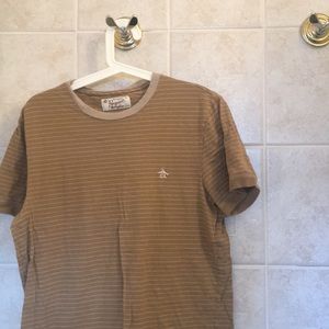 Light brown/tan striped t-shirt with embroidery